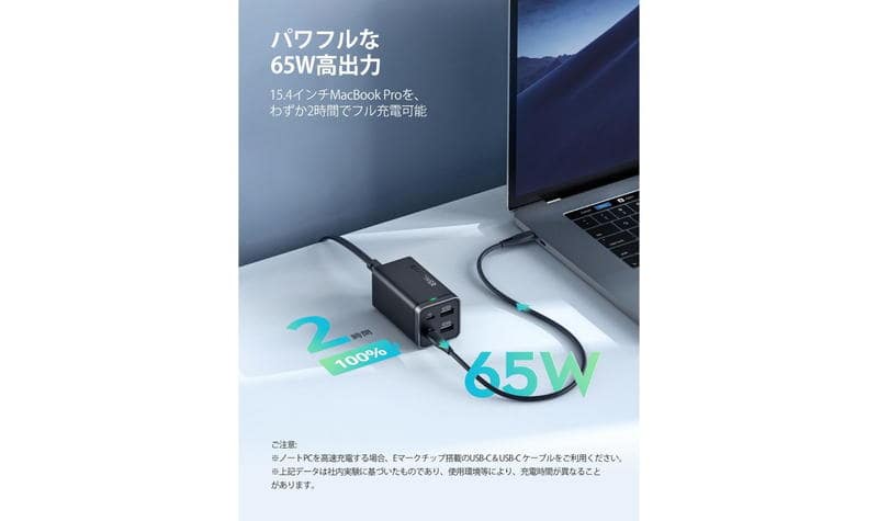 USBtypeCを1ポート利用の場合に最大65W出力